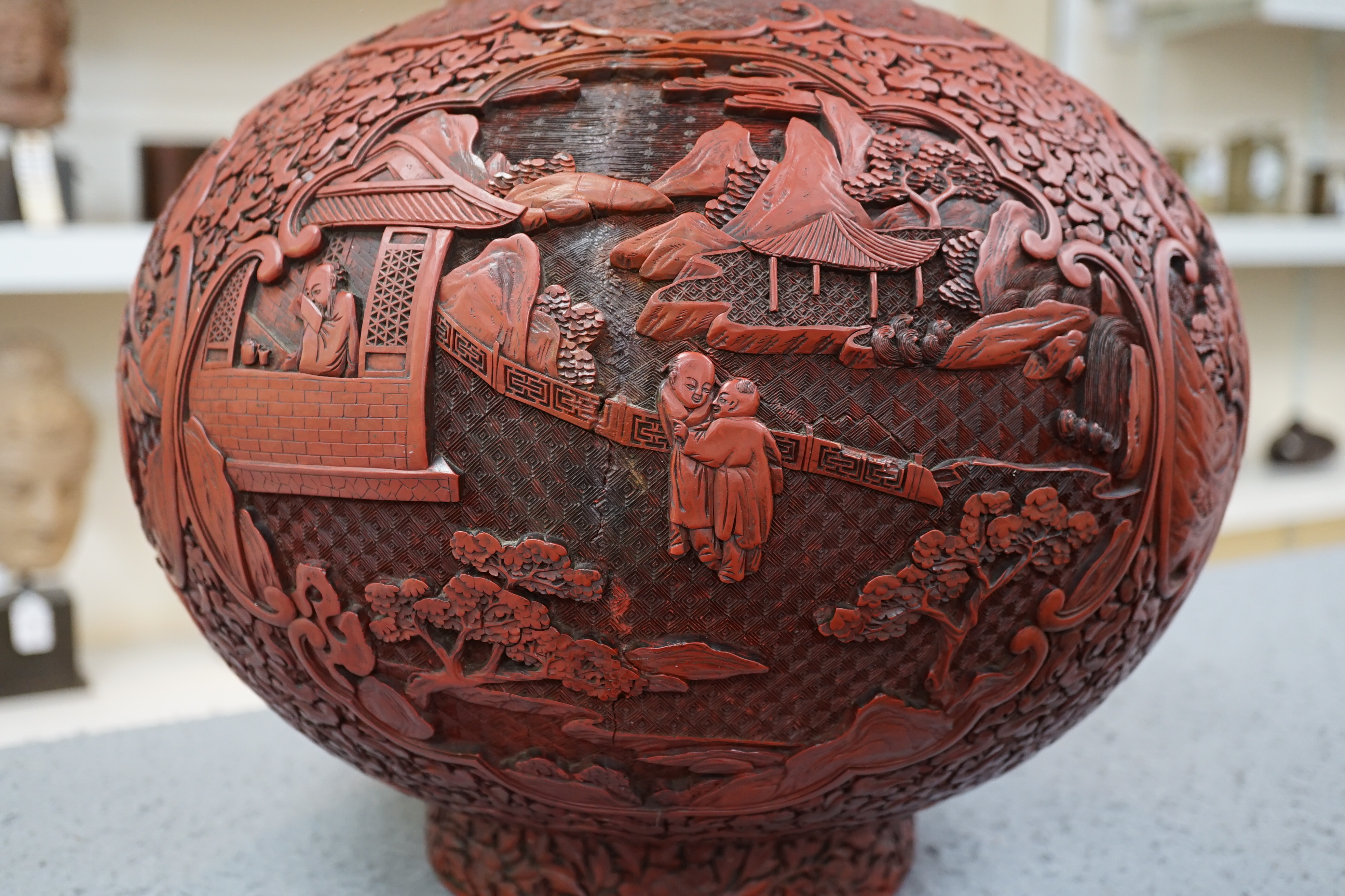 A large Chinese cinnabar lacquer bottle vase, 19th century, Some restoration
